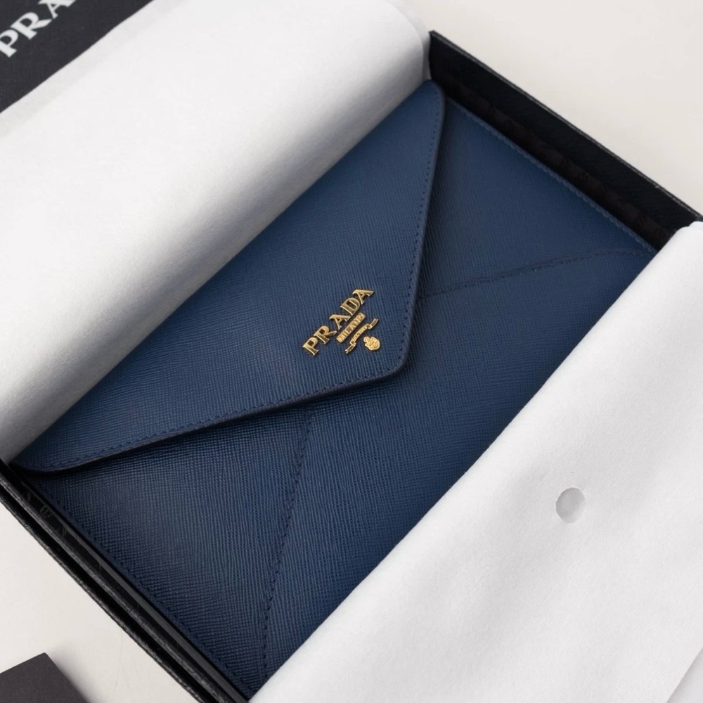 Prada Saffiano Leather Dark Blue Envelope Clutch with Gold Accents